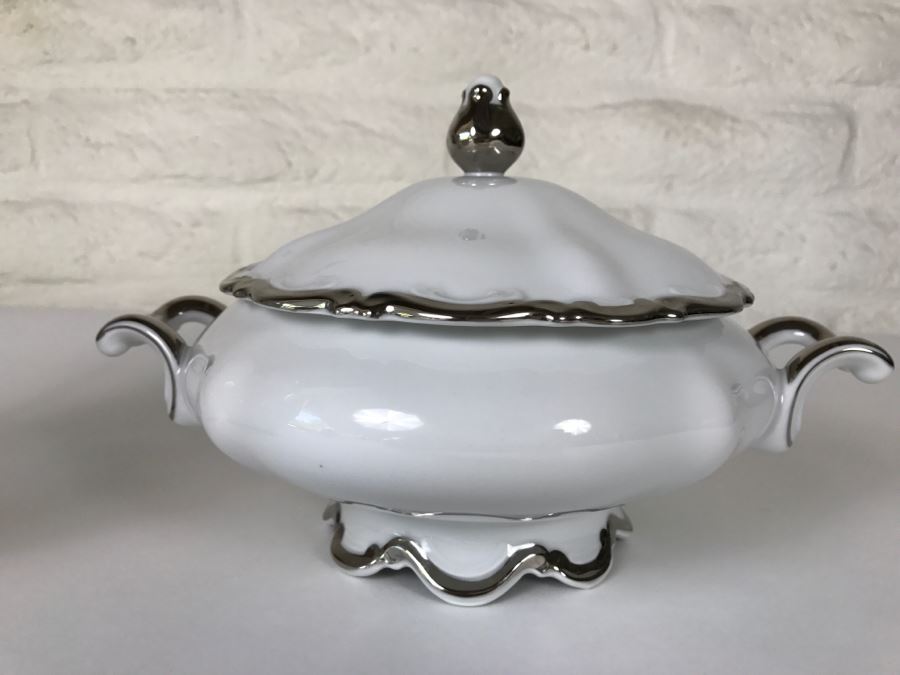 Classy China Set ~79 Pieces Mitterteich Bavaria 'Platinum Princess' Germany White With Silver Rim [Photo 35]