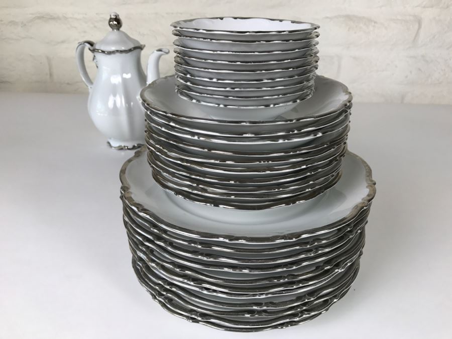 Classy China Set ~79 Pieces Mitterteich Bavaria 'Platinum Princess' Germany White With Silver Rim [Photo 28]