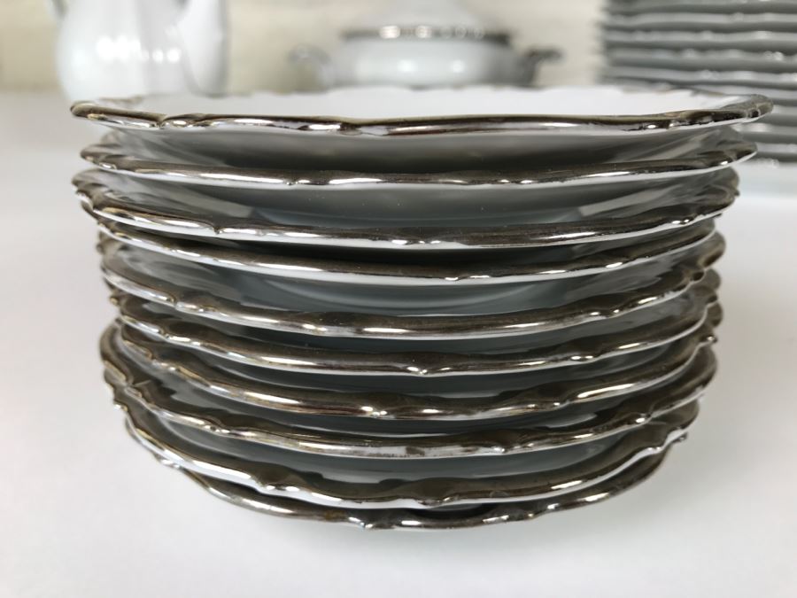 Classy China Set ~79 Pieces Mitterteich Bavaria 'Platinum Princess' Germany White With Silver Rim [Photo 27]