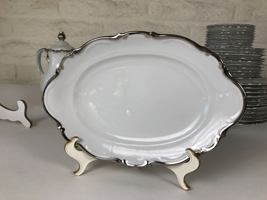 Classy China Set ~79 Pieces Mitterteich Bavaria 'Platinum Princess' Germany White With Silver Rim [Photo 25]