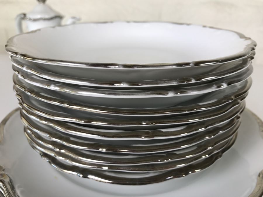 Classy China Set ~79 Pieces Mitterteich Bavaria 'Platinum Princess' Germany White With Silver Rim [Photo 30]