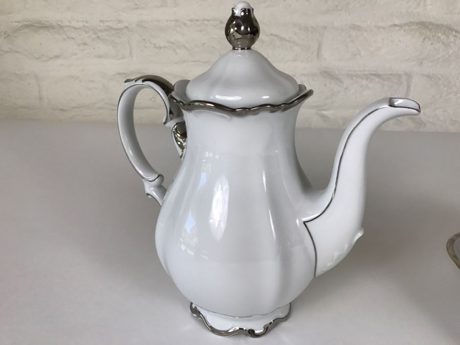 Classy China Set ~79 Pieces Mitterteich Bavaria 'Platinum Princess' Germany White With Silver Rim [Photo 39]