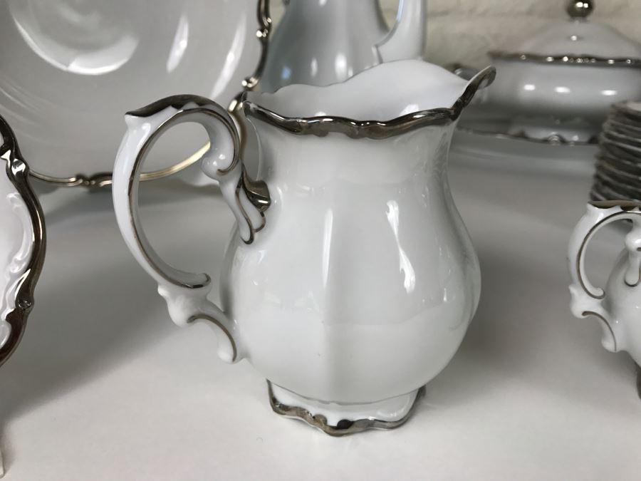 Classy China Set ~79 Pieces Mitterteich Bavaria 'Platinum Princess' Germany White With Silver Rim [Photo 22]