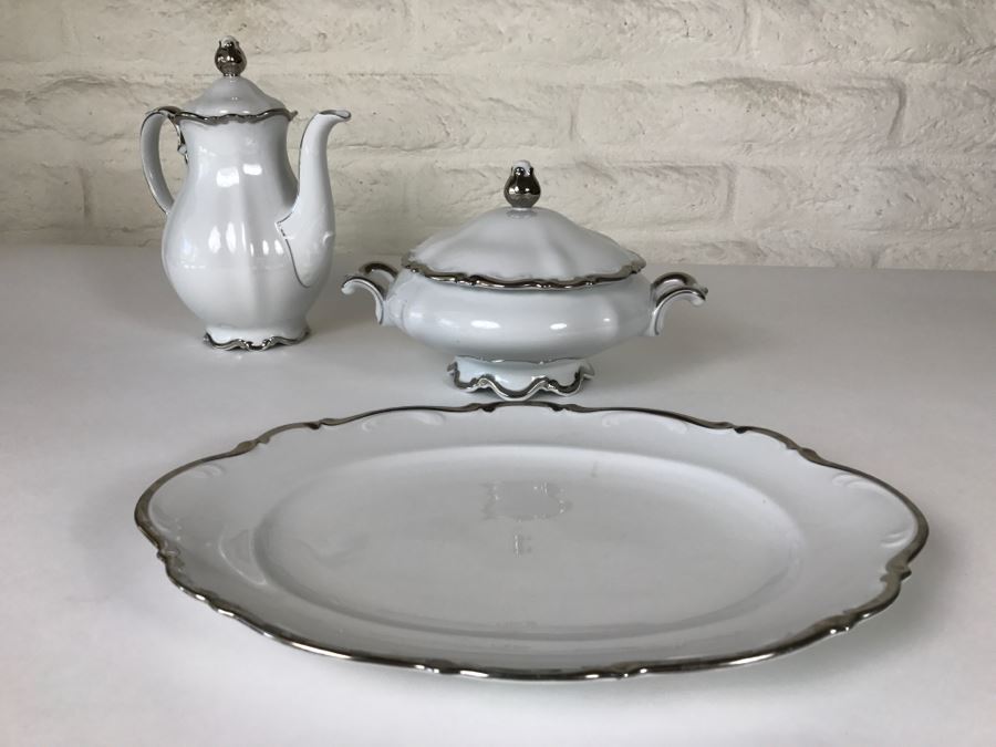 Classy China Set ~79 Pieces Mitterteich Bavaria 'Platinum Princess' Germany White With Silver Rim [Photo 32]