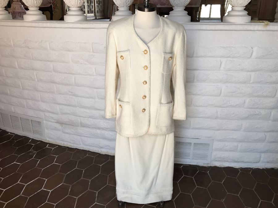 ESCADA By Margaretha Ley White Cream Jacket With Matching Skirt Gold Buttons