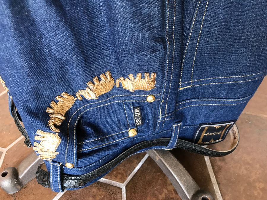 ESCADA By Margaretha Ley Denim Jacket With Matching Jeans Gold Buttons And Gold Elephants [Photo 6]