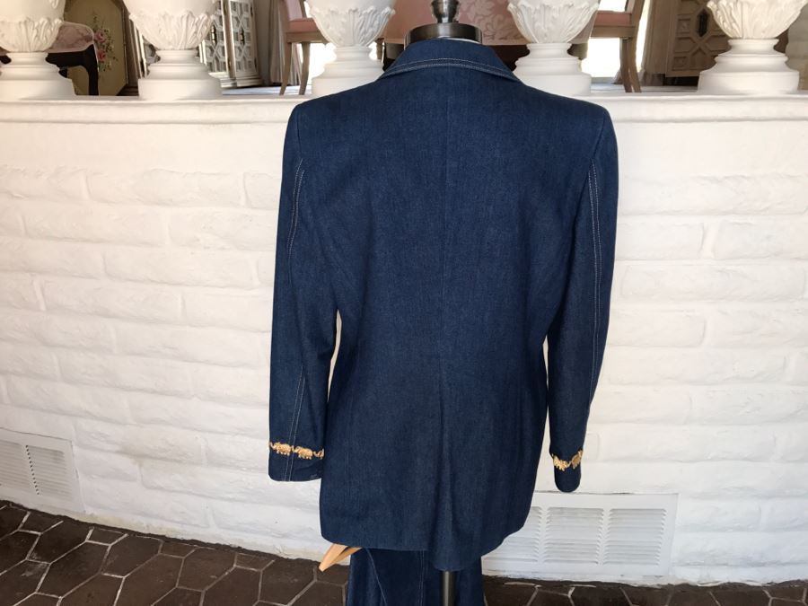 ESCADA By Margaretha Ley Denim Jacket With Matching Jeans Gold Buttons And Gold Elephants [Photo 7]