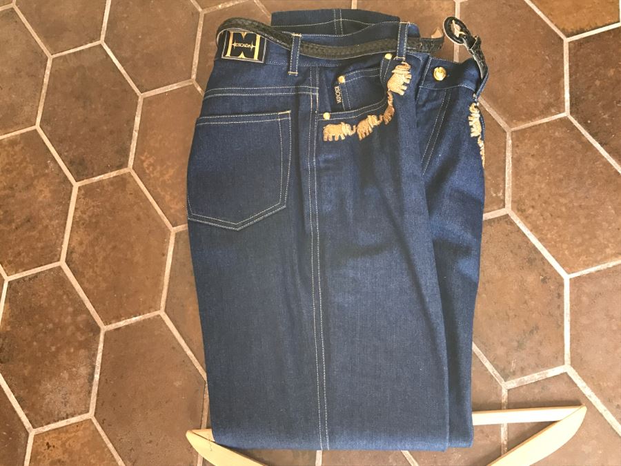 ESCADA By Margaretha Ley Denim Jacket With Matching Jeans Gold Buttons And Gold Elephants [Photo 9]