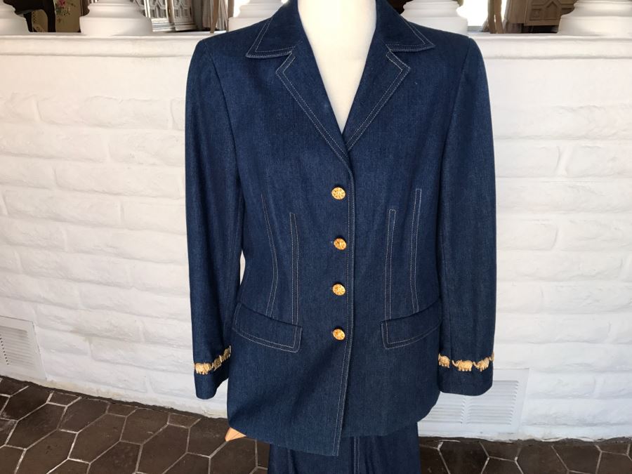 ESCADA By Margaretha Ley Denim Jacket With Matching Jeans Gold Buttons And Gold Elephants [Photo 3]