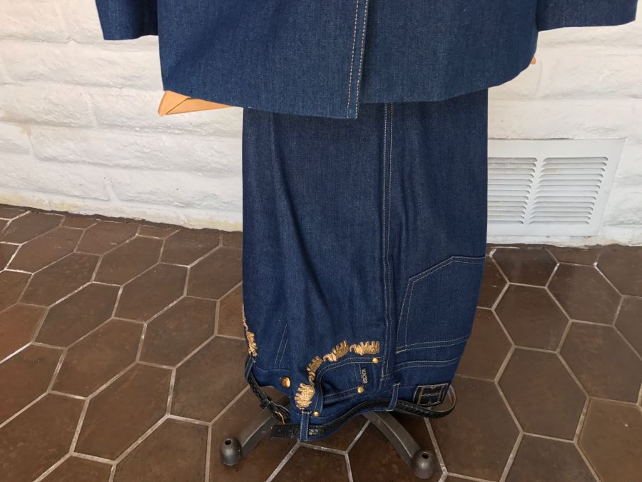 ESCADA By Margaretha Ley Denim Jacket With Matching Jeans Gold Buttons And Gold Elephants [Photo 5]