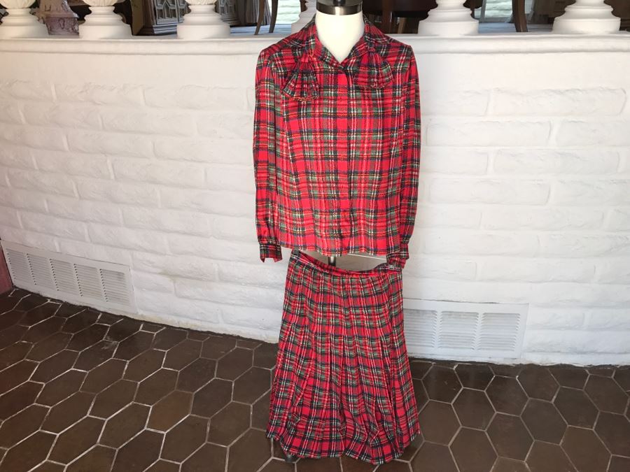 David Hayes Silk Top And Matching Skirt Plaid Pattern Size 6