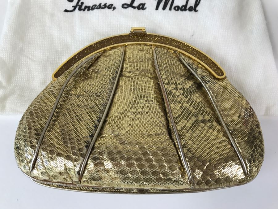 Vintage Finesse La Model Gold Snakeskin Convertible Clutch Bag Like New With Dust Jacket [Photo 5]