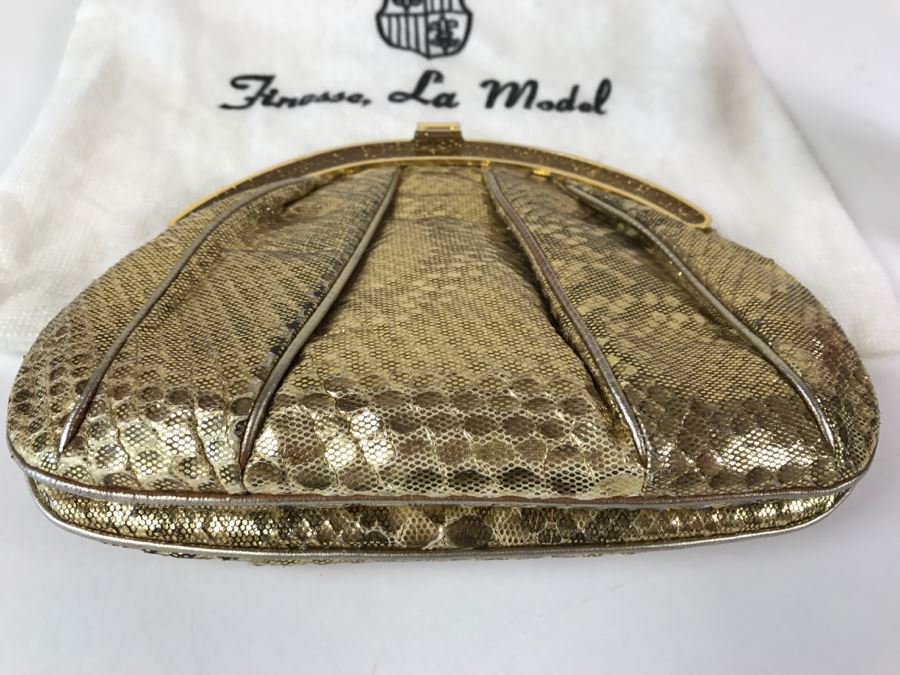 Vintage Finesse La Model Gold Snakeskin Convertible Clutch Bag Like New With Dust Jacket [Photo 7]