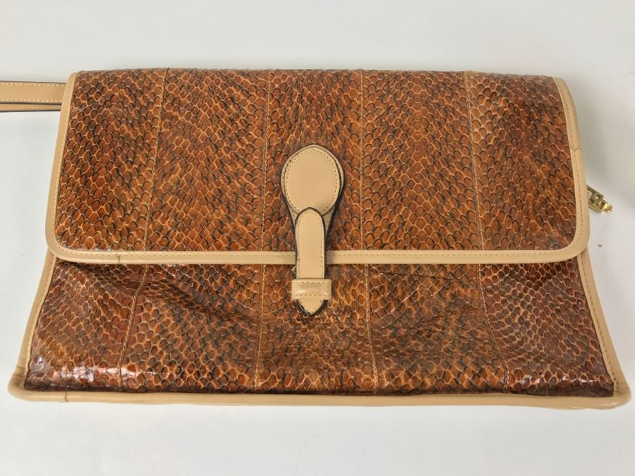 Vintage Barbara Bolan Brown Snakeskin Clutch Purse Handbag Made In Italy [Photo 3]