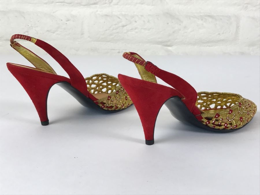 Fabulous Mario Giordana Red And Gold Shoes Size 7 1/2 Made In Italy [Photo 7]