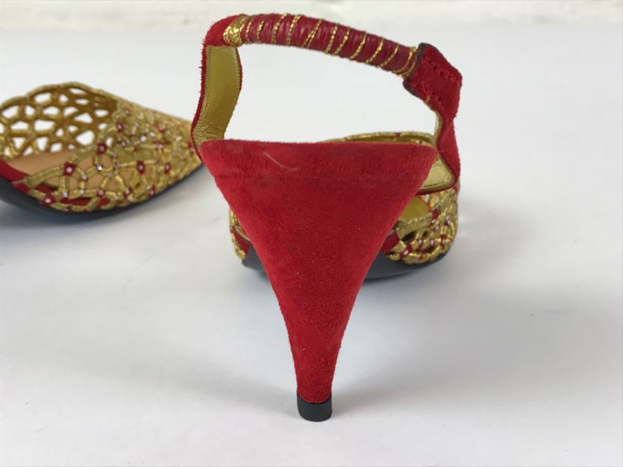 Fabulous Mario Giordana Red And Gold Shoes Size 7 1/2 Made In Italy [Photo 9]