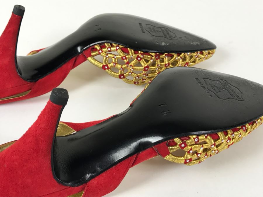 Fabulous Mario Giordana Red And Gold Shoes Size 7 1/2 Made In Italy [Photo 10]