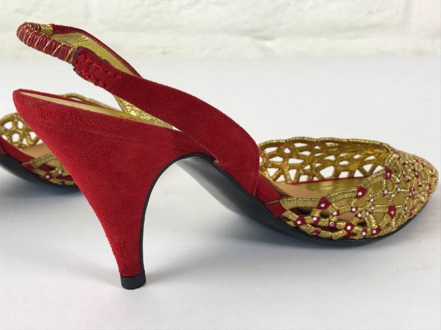 Fabulous Mario Giordana Red And Gold Shoes Size 7 1/2 Made In Italy [Photo 8]