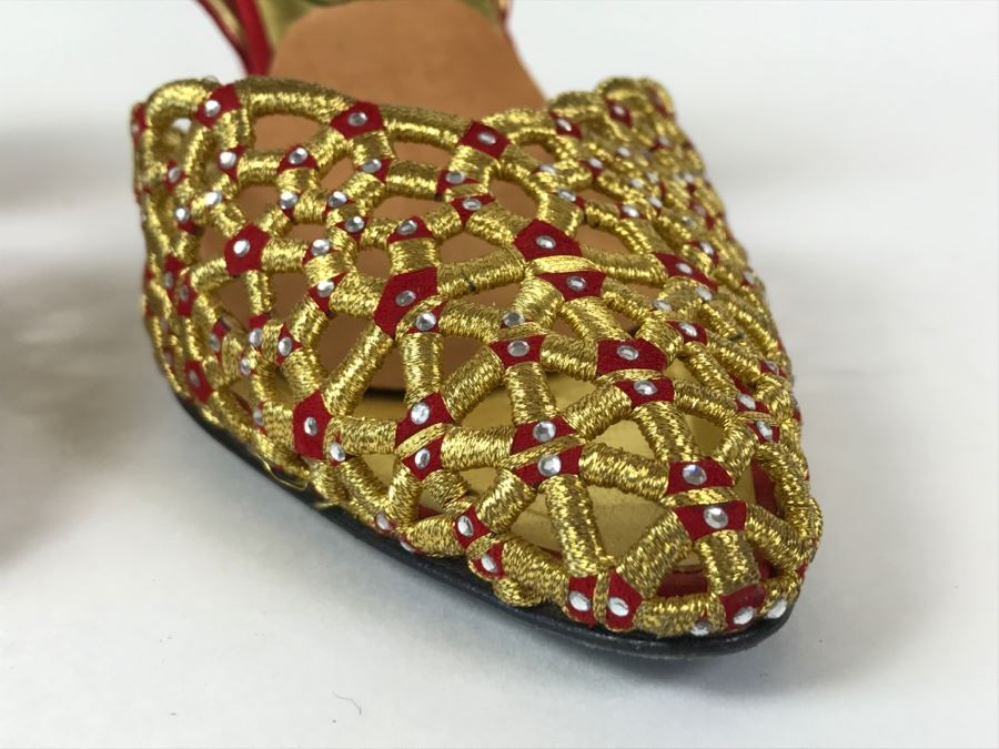 Fabulous Mario Giordana Red And Gold Shoes Size 7 1/2 Made In Italy [Photo 5]