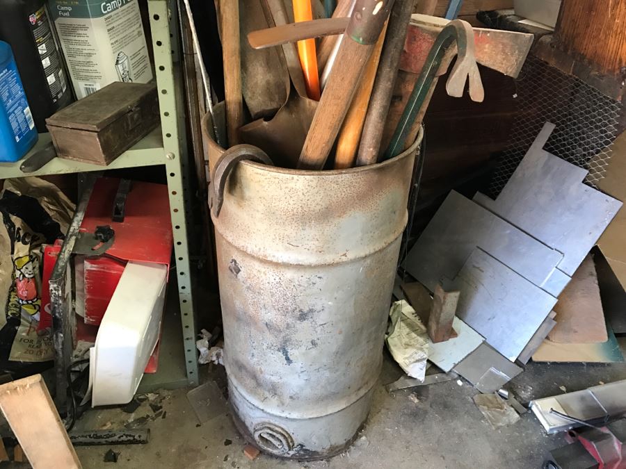 JUST ADDED - Metal Can Plus All Tools Within Can Including Garden Tools, Various Crow Bars, Pickaxe And Shovels [Photo 2]