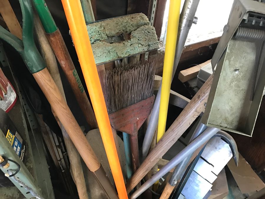 JUST ADDED - Metal Can Plus All Tools Within Can Including Garden Tools, Various Crow Bars, Pickaxe And Shovels [Photo 9]