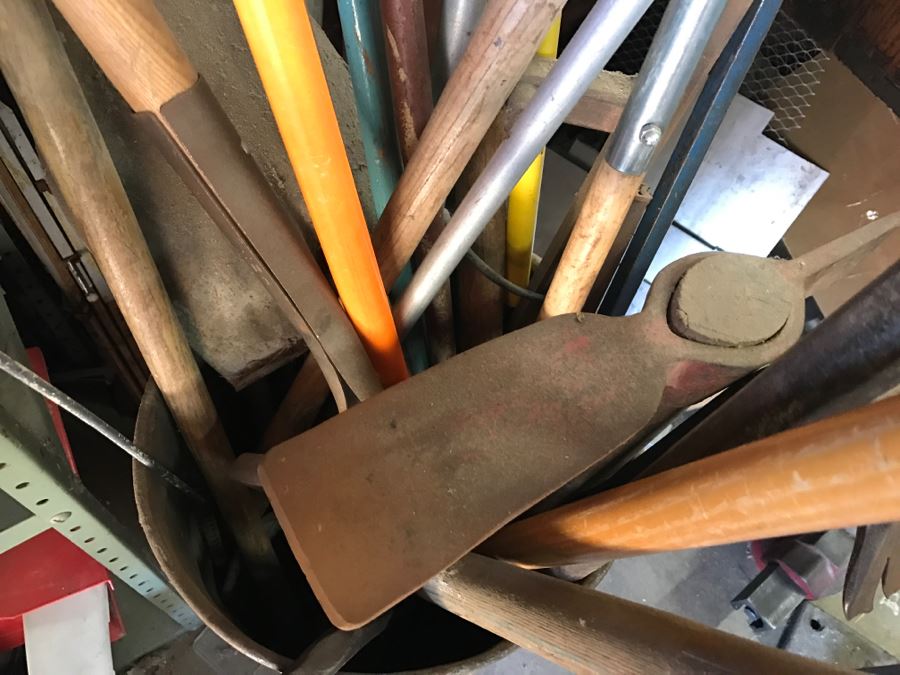 JUST ADDED - Metal Can Plus All Tools Within Can Including Garden Tools, Various Crow Bars, Pickaxe And Shovels [Photo 8]