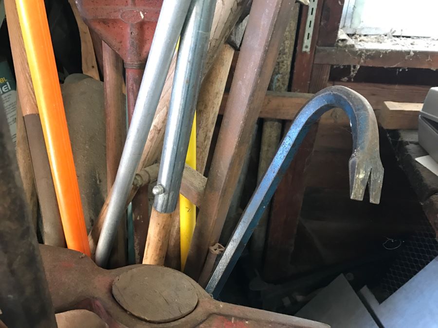JUST ADDED - Metal Can Plus All Tools Within Can Including Garden Tools, Various Crow Bars, Pickaxe And Shovels [Photo 5]