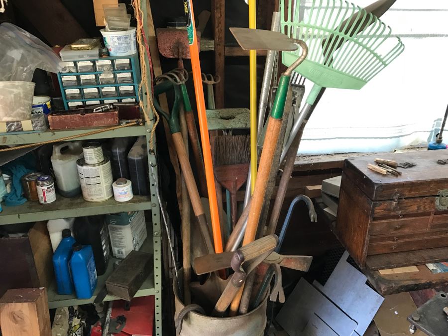 JUST ADDED - Metal Can Plus All Tools Within Can Including Garden Tools, Various Crow Bars, Pickaxe And Shovels [Photo 1]