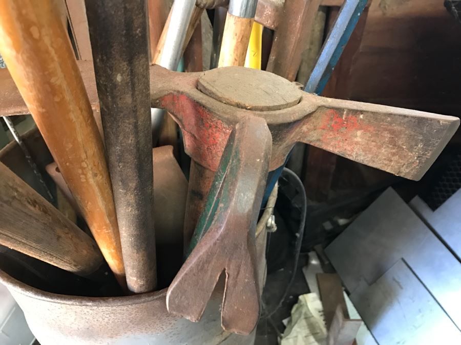 JUST ADDED - Metal Can Plus All Tools Within Can Including Garden Tools, Various Crow Bars, Pickaxe And Shovels [Photo 4]