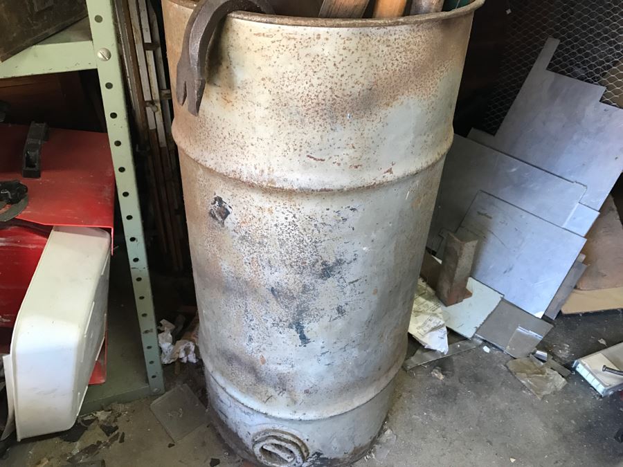 JUST ADDED - Metal Can Plus All Tools Within Can Including Garden Tools, Various Crow Bars, Pickaxe And Shovels [Photo 12]