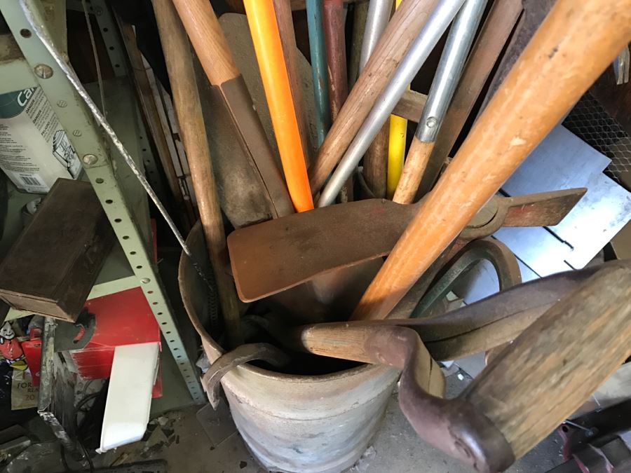 JUST ADDED - Metal Can Plus All Tools Within Can Including Garden Tools, Various Crow Bars, Pickaxe And Shovels [Photo 3]
