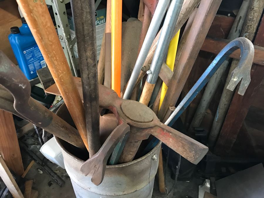JUST ADDED - Metal Can Plus All Tools Within Can Including Garden Tools, Various Crow Bars, Pickaxe And Shovels [Photo 11]