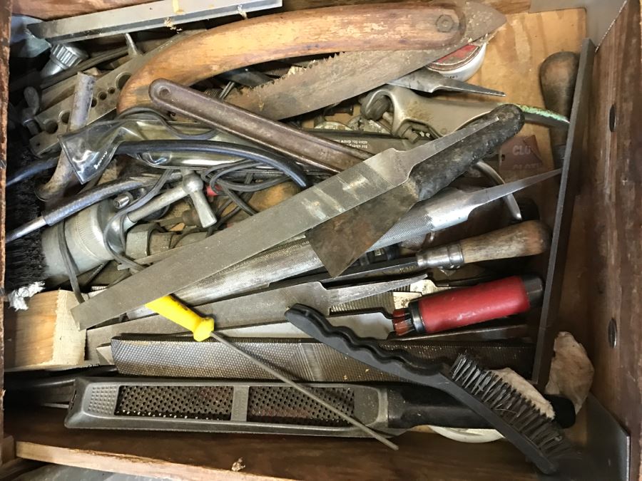 JUST ADDED - Contents Of Drawer Lots Of Vintage Steel Files, Vintage Saw - Does Not Include Drawer [Photo 1]
