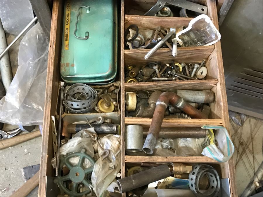 JUST ADDED - Contents Of Drawer Mainly Plumbing Hardware And Old Tool Box - Does Not Include Drawer [Photo 1]