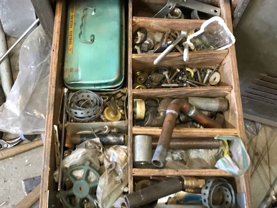 JUST ADDED - Contents Of Drawer Mainly Plumbing Hardware And Old Tool Box - Does Not Include Drawer [Photo 2]