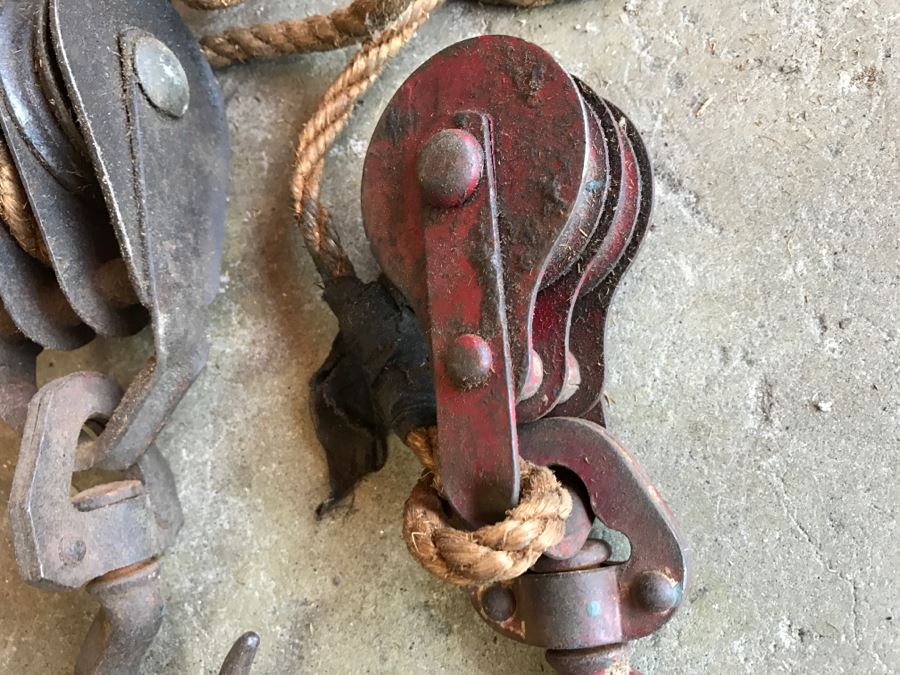 JUST ADDED - Pair Of Vintage Pulleys With Old Rope [Photo 5]