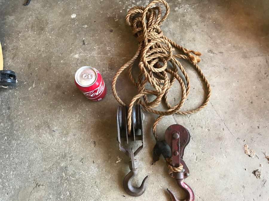JUST ADDED - Pair Of Vintage Pulleys With Old Rope [Photo 1]