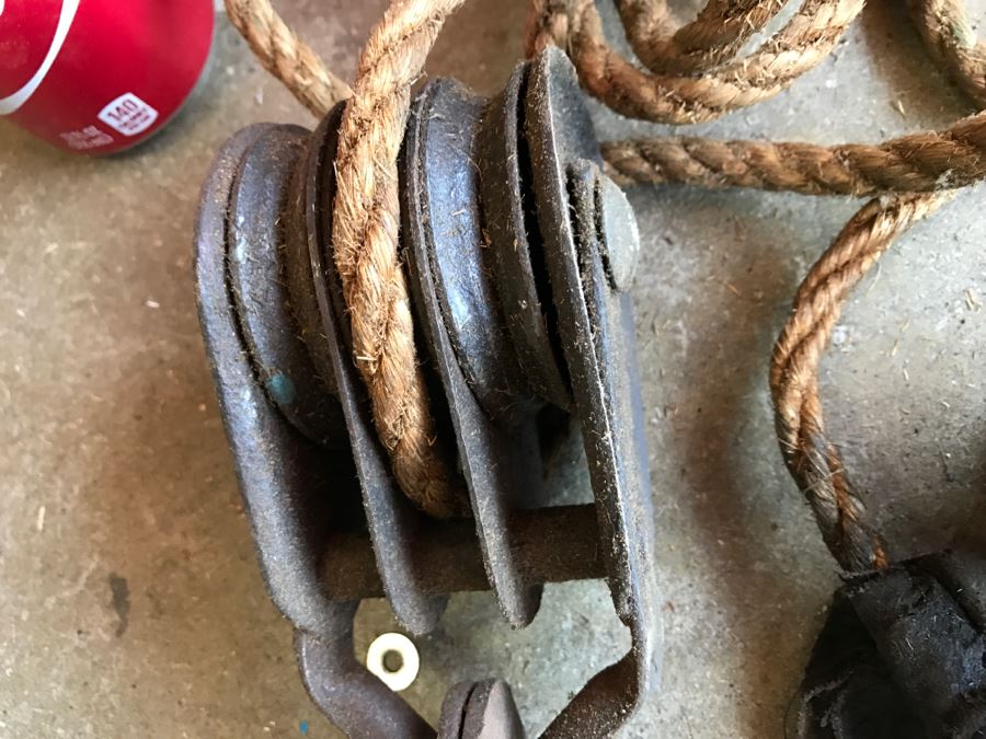 JUST ADDED - Pair Of Vintage Pulleys With Old Rope [Photo 3]