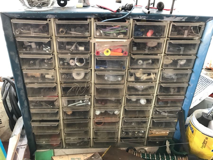 JUST ADDED - Metal Storage Box Filled With Hardware / Marbles
