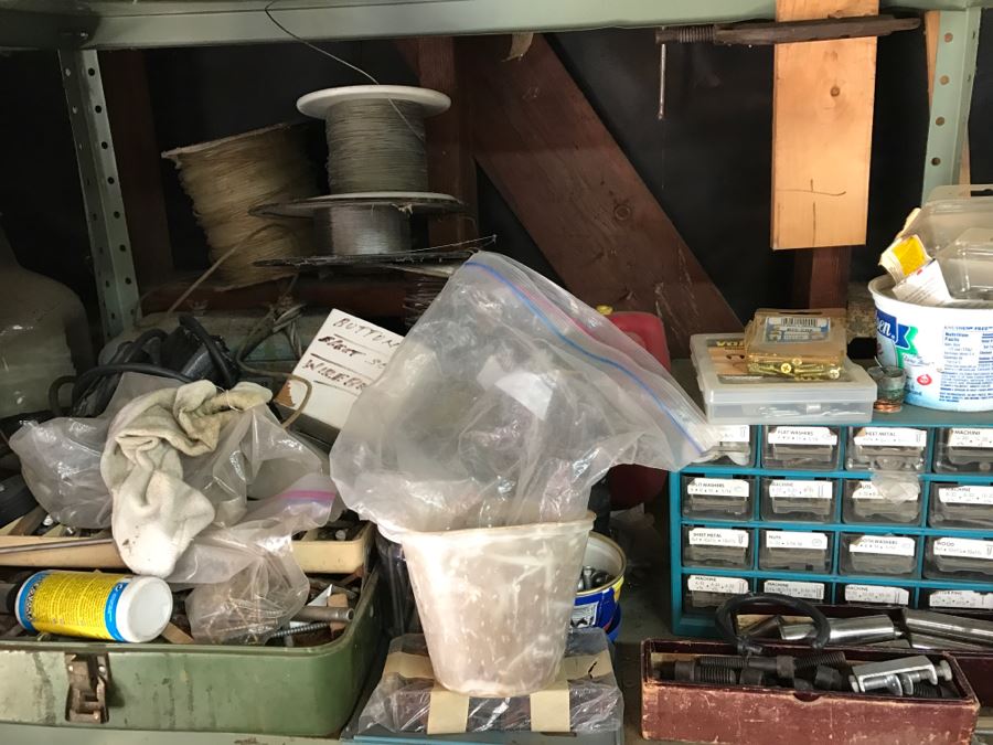 JUST ADDED - Shelf Full Of Hardware, Gas Can And Metal Tool Box