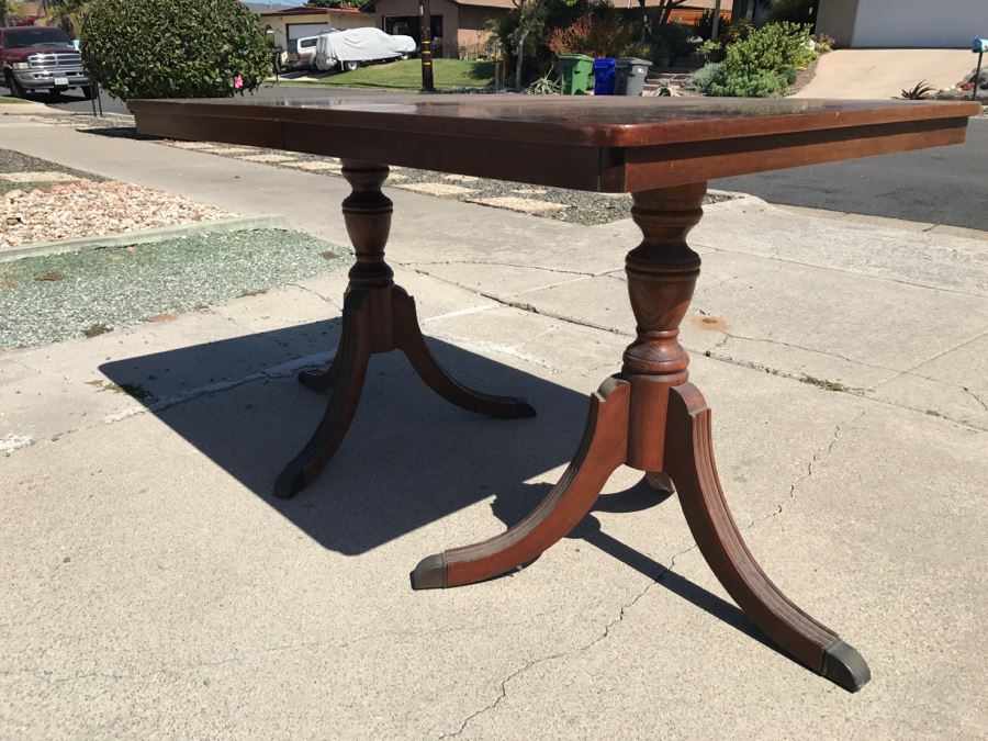 LAST MINUTE ADD - Vintage Double Pedestal Dining Table With Single Leaf - Top Needs Refinishing [Photo 2]