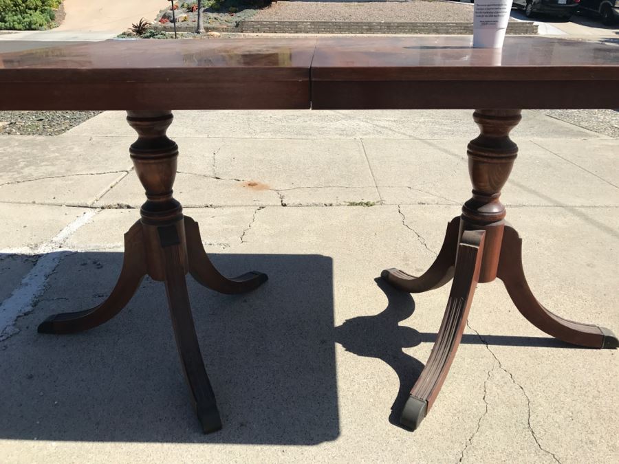 LAST MINUTE ADD - Vintage Double Pedestal Dining Table With Single Leaf - Top Needs Refinishing [Photo 3]