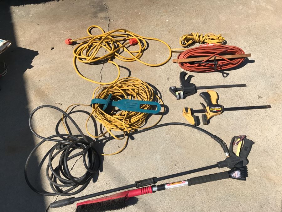 LAST MINUTE ADD - Garage Lot With Extension Cords, Clamps And Sprayer [Photo 1]