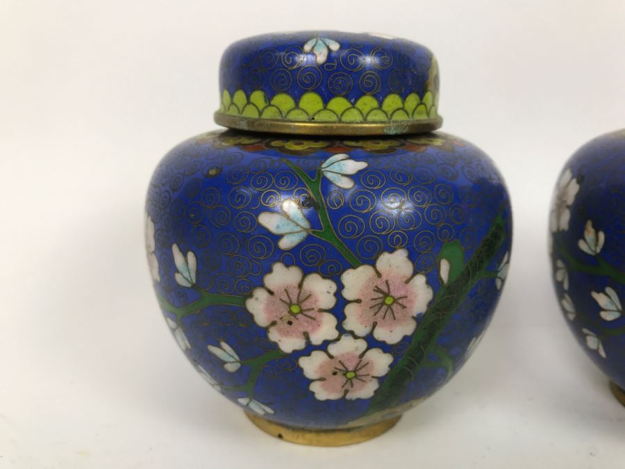 Pair Of Vintage Chinese Lidded Cloisonne Jars [Photo 3]
