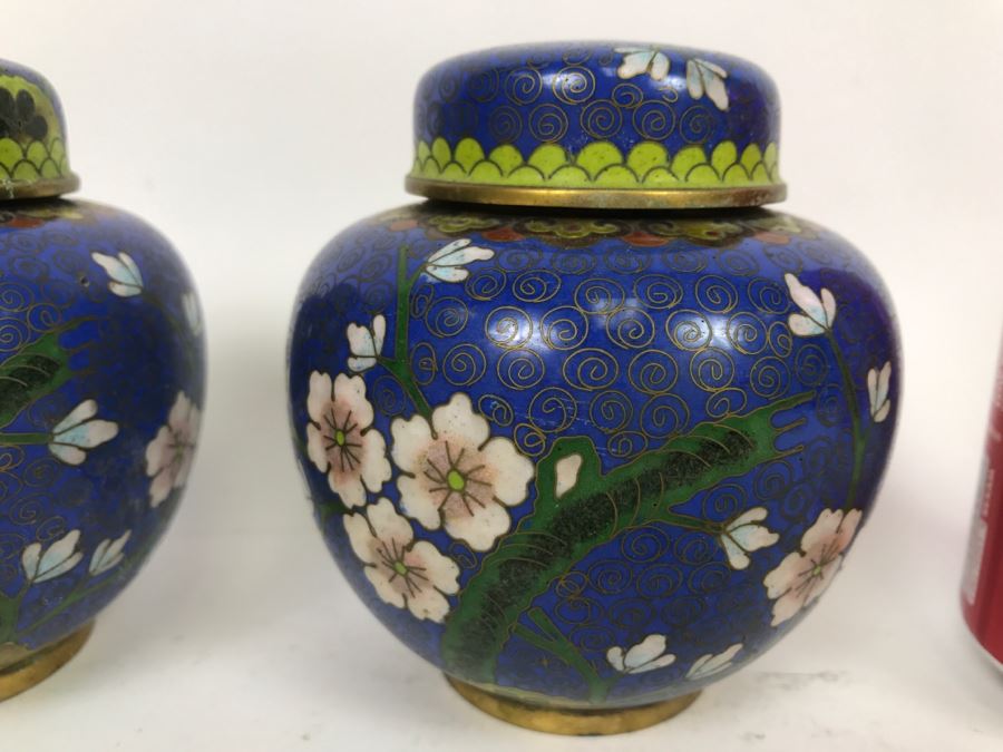 Pair Of Vintage Chinese Lidded Cloisonne Jars [Photo 4]