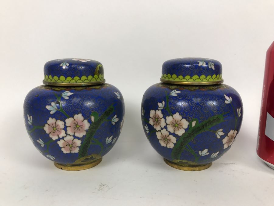 Pair Of Vintage Chinese Lidded Cloisonne Jars