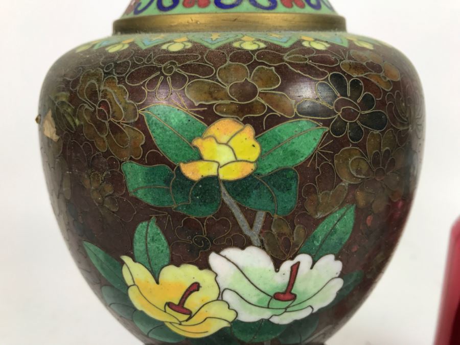 ZI JIN CHENG Vintage Chinese Cloisonne Vase With Wooden Stand [Photo 6]