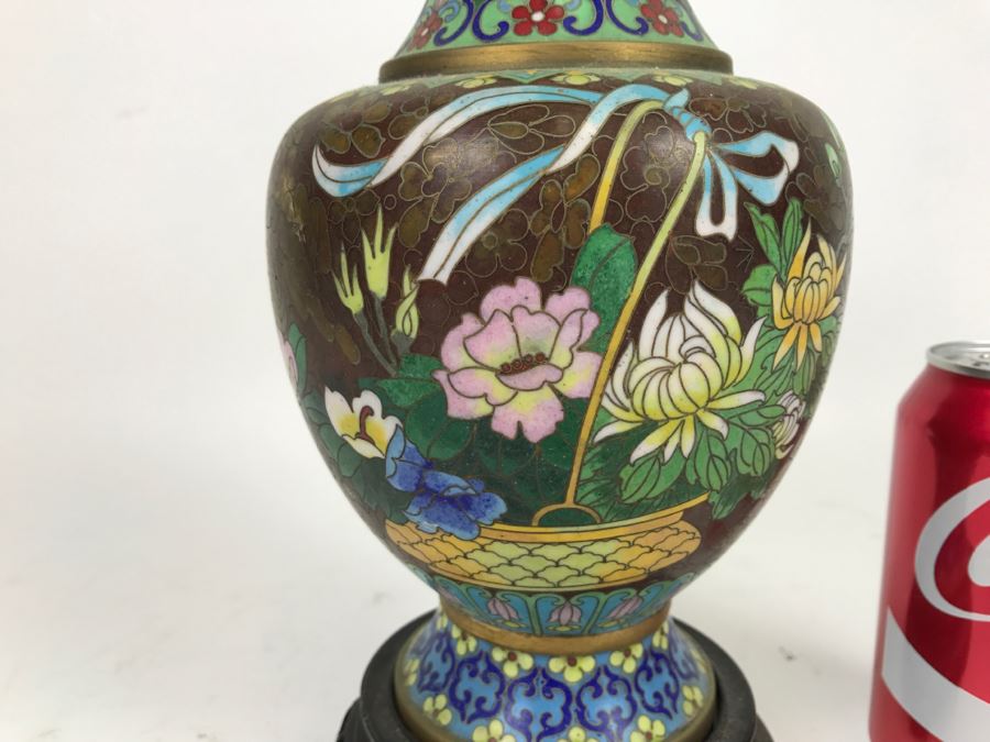 ZI JIN CHENG Vintage Chinese Cloisonne Vase With Wooden Stand [Photo 10]