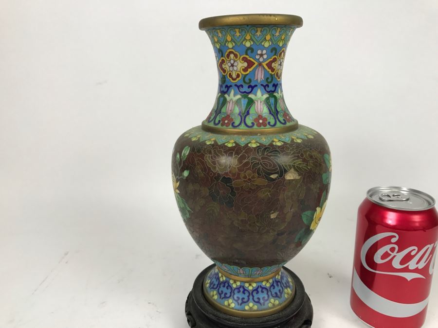 ZI JIN CHENG Vintage Chinese Cloisonne Vase With Wooden Stand [Photo 9]