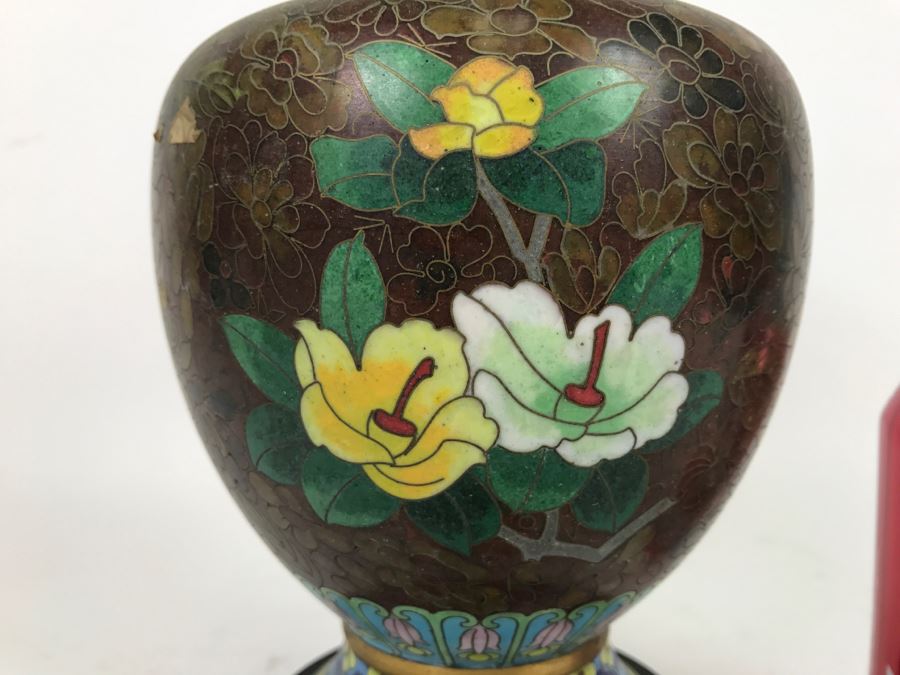 ZI JIN CHENG Vintage Chinese Cloisonne Vase With Wooden Stand